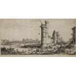 Jacques Callot, French 1592-1635- The Pont Neuf and the Tour de Nesle, Paris; etching on laid paper,