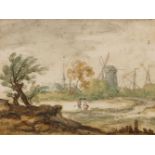 Allaert van Everdingen, Dutch 1621-1675- Landscape with two figures, a windmill and church;