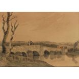 Peter de Wint, OWS, British 1784-1849- Landscape with two figures and cattle on a bridge; pencil and