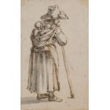 Willem van de Velde the Elder, Dutch 1611-1693- A peasant woman carrying two babies on her back; pen