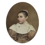 French School, early 19th century- Portrait of a girl, half-length, in a maroon dress with white