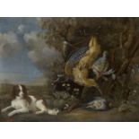 Pieter van Noort, Dutch 1622-1672- Spaniel and dead game in a landscape; oil on canvas, signed 'P
