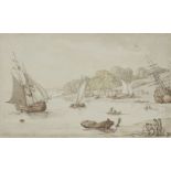 Thomas Rowlandson, British 1756-1827- The Estuary; watercolour and grey wash on paper, 10.8 x 17.7