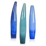 Rachael Woodman, b.1957, Three Vases, hand blown coloured glass, each etched Rachel Woodman.1988.N.