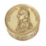 A stamped brass pill box, circa 1806, the detachable lid with Nelson's portrait headed ADMIRAL