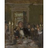 Bernard Dunstan RA, British 1920-2017- Candlelit dinner; oil on board, signed with initials 'BD' (