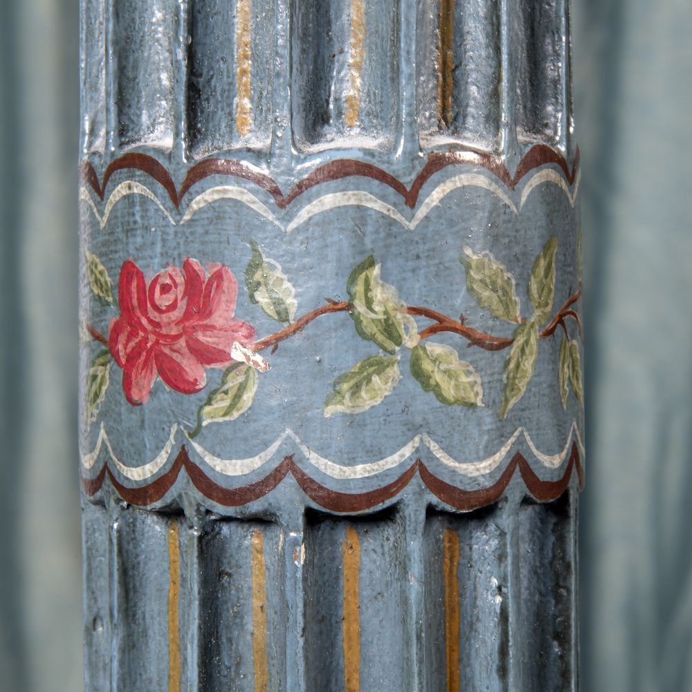 A George III polychrome-painted and oak four-poster bed, 18th century and later, the later cornice - Image 4 of 8