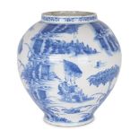 A large Delft blue and white chinoiserie decorated vase, 18th century, painted with figures in a