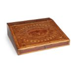 A Victorian marquetry lap desk, mid-19th century, the slope with a central burr oval surrounded by a