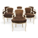A set of six Louis XV style fauteuil, white painted, with brown suede upholstery, raised on cabriole