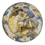 A Castelli maiolica istoriato plate, c.1735, possibly painted by Liborio Grue, with Orpheus rescuing