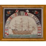 A sailor's woolwork depicting H.M.S. Victory at anchor, 19th century, framed within an arch of