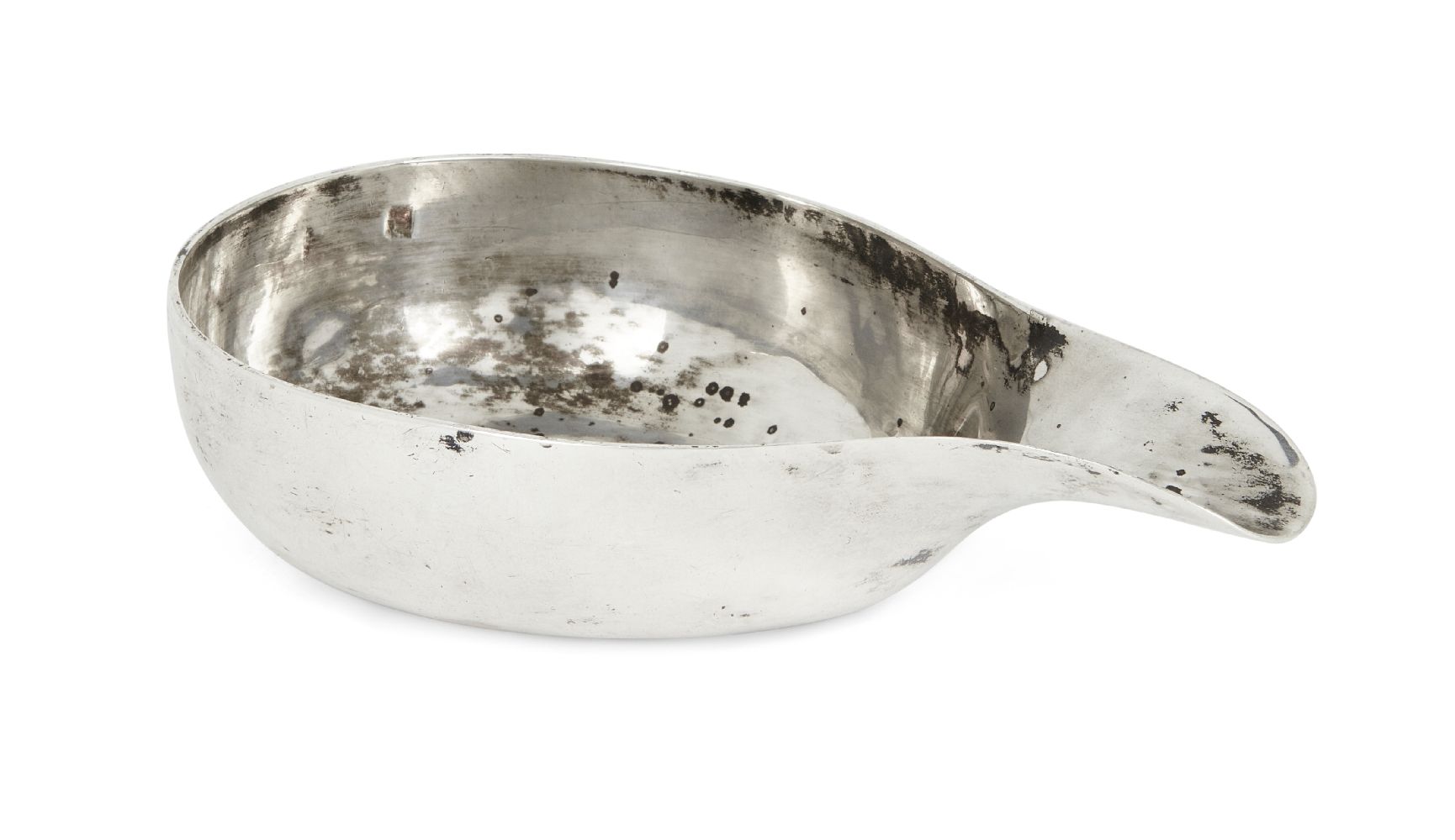 An 18th century silver pap boat, marks beneath rim rubbed, maker ?M, of plain, tear-shaped form,