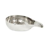 An 18th century silver pap boat, marks beneath rim rubbed, maker ?M, of plain, tear-shaped form,