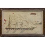 A sailor's woolwork picture, 19th century, depicting the four-masted barque Lena off a headland with