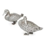 A pair of silver ducks, London, 1992, Comyns of London, both realistically chased with feathers