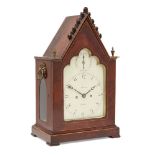 A Victorian Gothic style mahogany and boxwood line inlaid twin fusee mantel clock, late 19th