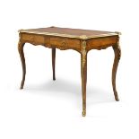 A French rosewood and walnut bureau plat, late 19th century, tooled leather skiver, ormolu mounts,