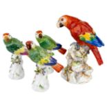 Four Meissen parrots, 20th century, naturalistically modelled with brightly coloured plumage,