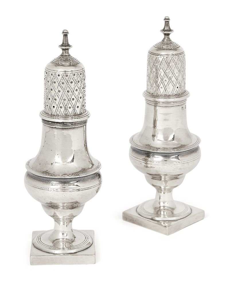 A pair of Georgian silver casters, London, 1801, Samuel & Edward Davenport, of baluster form with