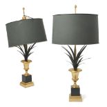 A pair of gilt and patinated bronze urn and palm table lamps, of Regency style, second half 20th