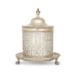 A Victorian silver mounted biscuit barrel, Sheffield, 1887, Henry Wilkinson & Co., the pierced stand
