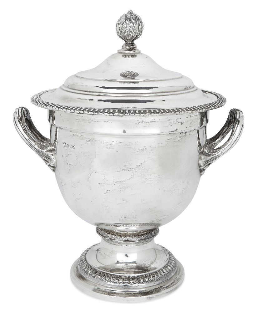 A large silver ice bucket/wine cooler, by Garrard & Co., Sheffield, 1958, of twin-handled campana