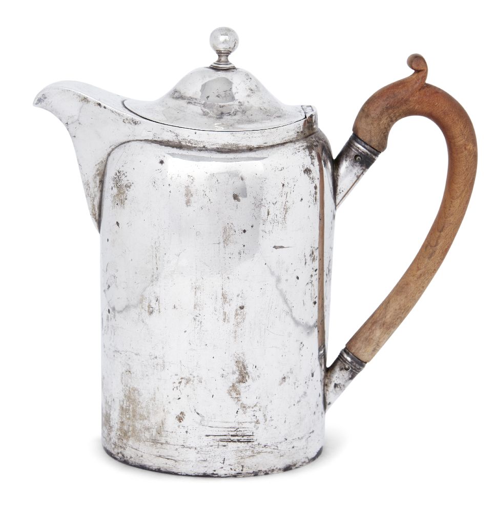 A silver coffee pot by Paul Storr, London, 1798, of plain, oval form with wooden handle and hinged