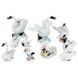 A collection of Meissen porcelain swans, 20th century, including examples after the originals by