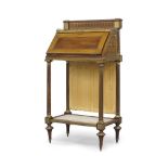 A French mahogany travelling desk, circa 1800, the removable desk with brass gallery top and inset