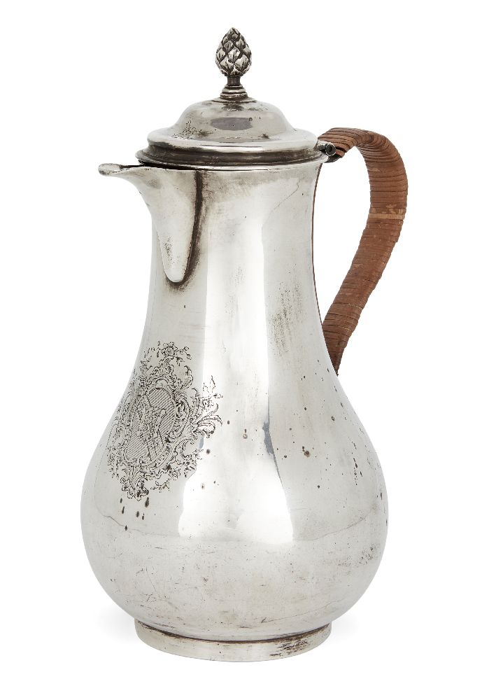 A George II silver hot water pot, London, 1758, Magdalen Feline, of plain baluster form with
