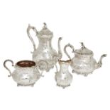 A four piece Victorian silver tea service, Sheffield, 1856 (coffee pot), 1864 (teapot), sugar and