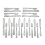 A part set of silver King's pattern fish eaters, comprising twelve knives and eleven forks,