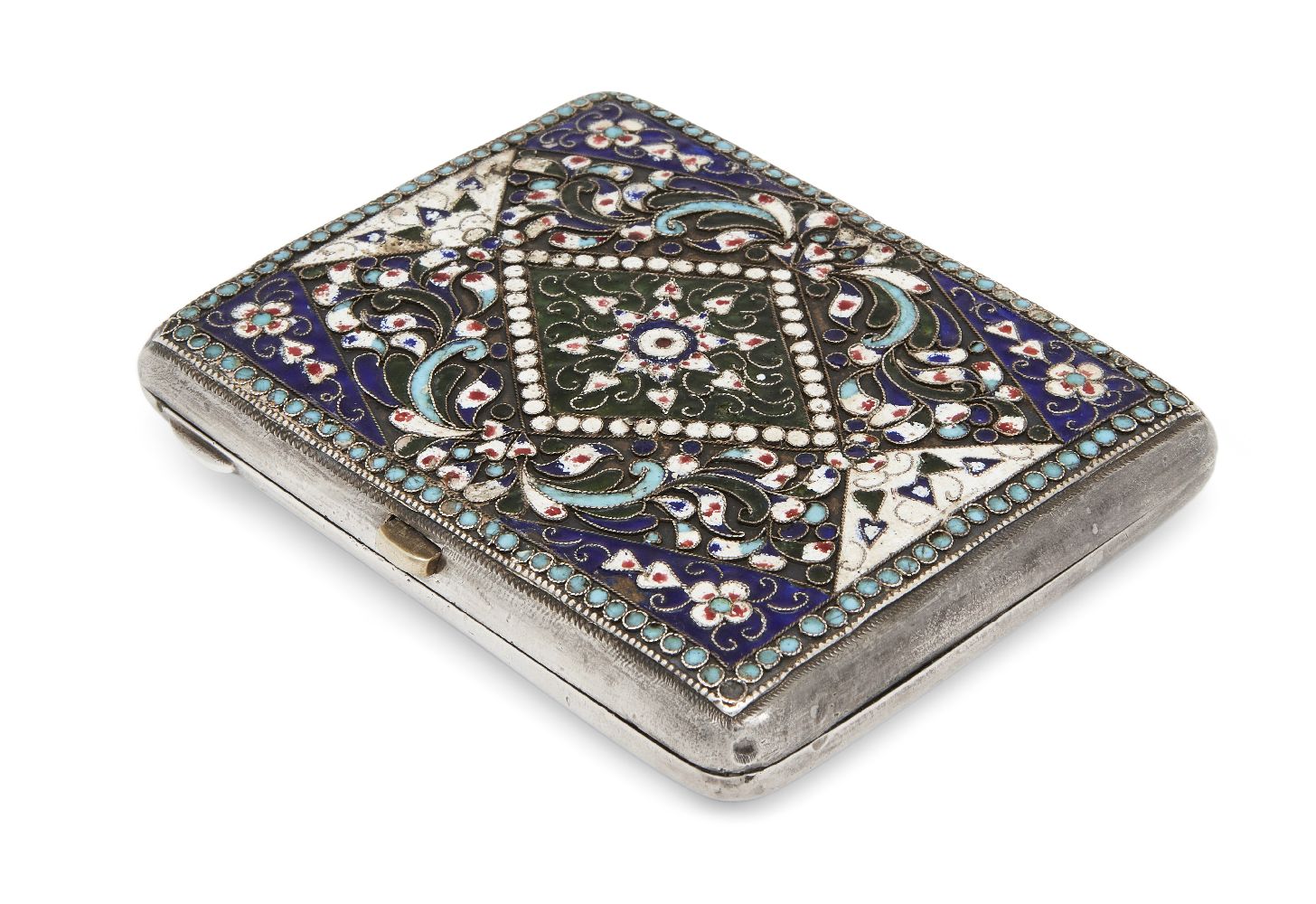 A Russian cloisonnÃ© enamel cigarette case, early 20th century, with 84 kokoshnik mark, of