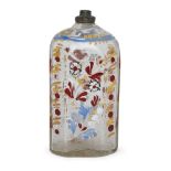 A German enamelled glass flask, 18th century, brightly decorated with floral sprays, 14cm highPlease