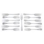 A group of George III silver Hanoverian pattern table forks, the thirteen pieces comprising: four