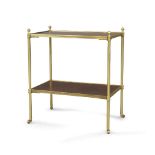 A French style brass and mahogany two tier side table, raised on castors, 59cm high, 52cm wide, 32cm