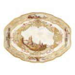 A Meissen Hausmalerei tray, the porcelain possibly third quarter 18th century, cancelled blue