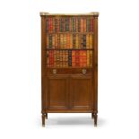 A Louis XVI style mahogany cabinet, 20th century, the brass gallery top inset with marble, above two