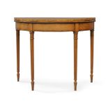 A George III mahogany and satinwood card table, boxwood inlay and walnut crossbanding, raised on