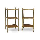 A pair of French brass three tier side tables, by Mallet, with figured walnut veneered tiers, acorns