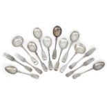 A mixed group of silver flatware comprising: six silver fiddle and thread pattern soup spoons,