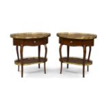 A pair of French style kingwood oval side tables, with brass gallery tops, single drawer, raised