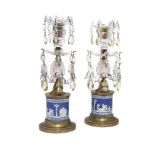 A pair of early Victorian gilt-bronze mounted Jasperware and cut-glass candlesticks, c.1840, in