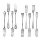 A matched set of five 18th century three-pronged table forks, Hanoverian pattern, two London,