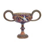 An Italian maiolica gold and ruby lustred two-handled istoriato cup, late 19th century, probably