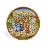 An Italian maiolica istoriato dish, 19th century or later, in the 16th century style, with figures