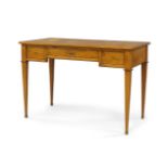 A French walnut writing table, circa 1900, ebony and satinwood inlaid, tooled leather skiver,