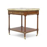A French style marble top side table, with brass gallery top, single drawer with Greek furniture