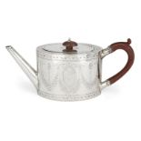 A George III silver teapot, London, 1784, Robert Hennell I, of oval form, the sides bright-cut